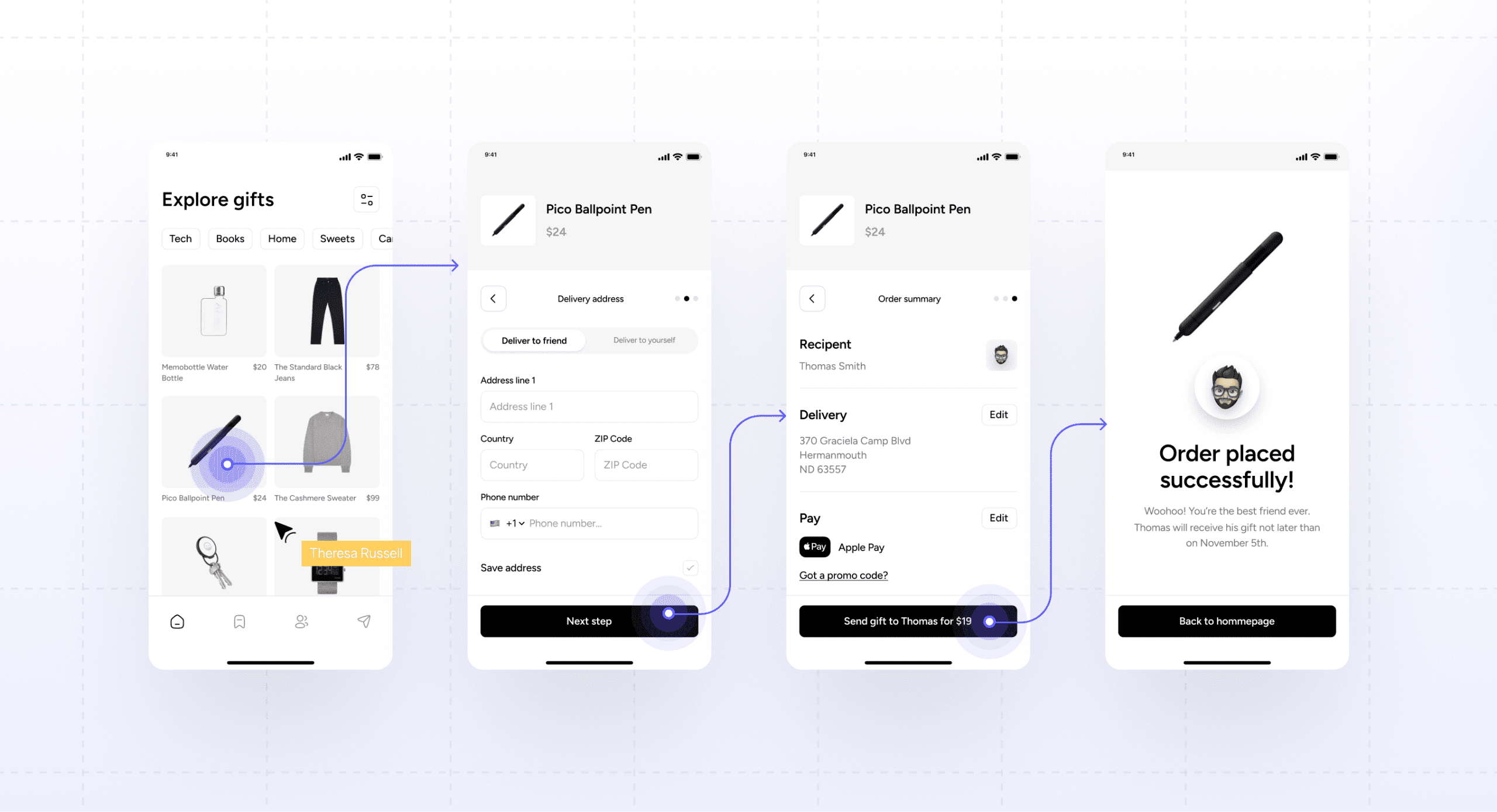 Mobile UI prototype showing gift order flow from product selection to successful checkout
