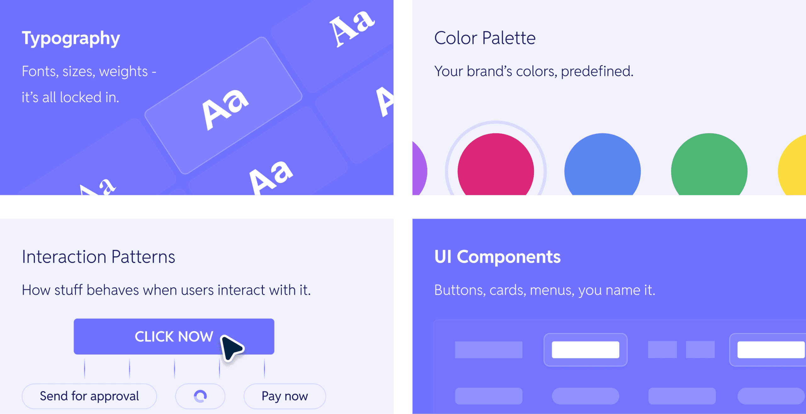 a depiction of typical design system showing typogrphy, color palette, interaction patterns, and ui components