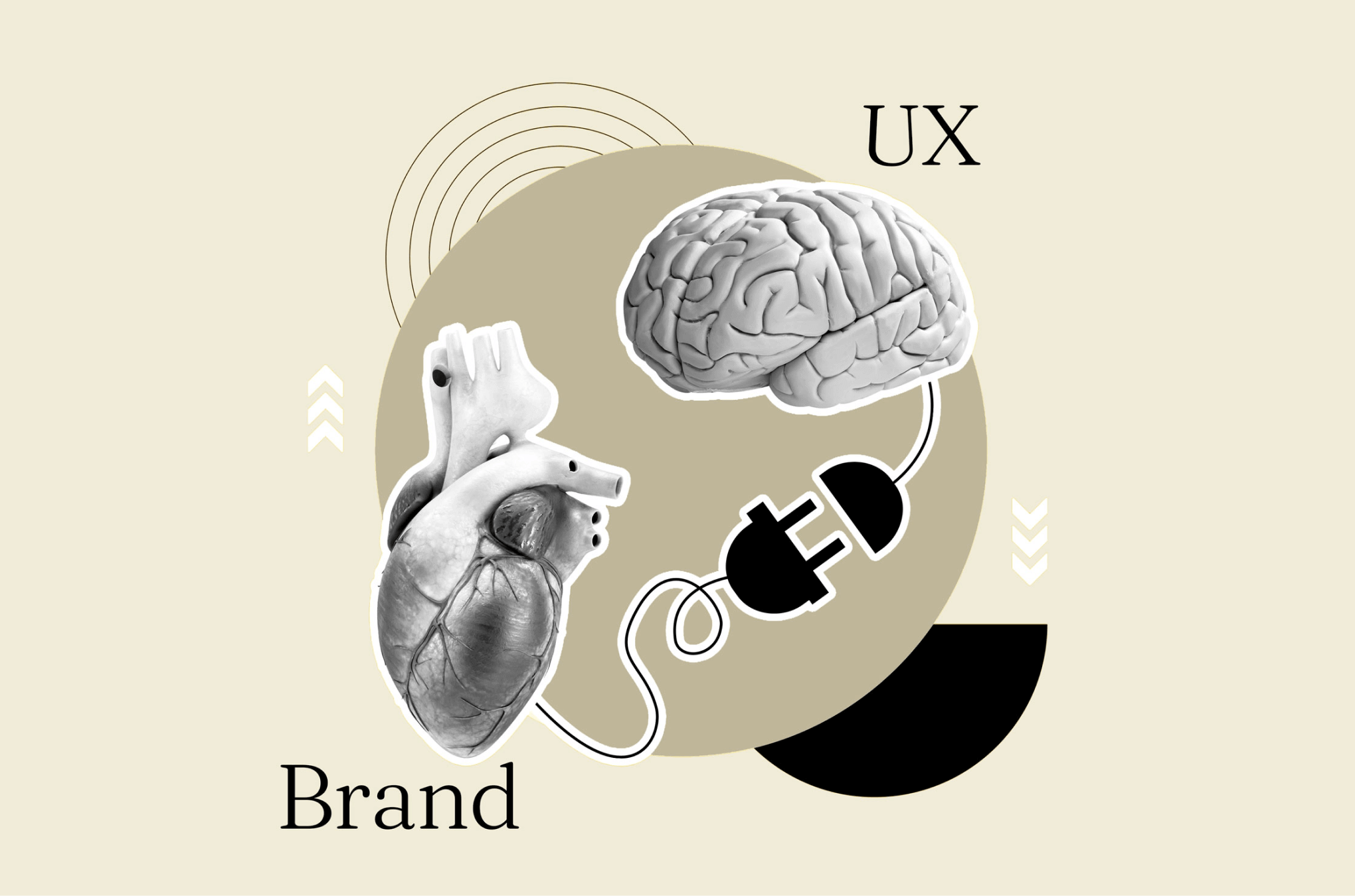 a collage type graphic showing brain and heart with cables that plug into each other showing the connection between brand and ux